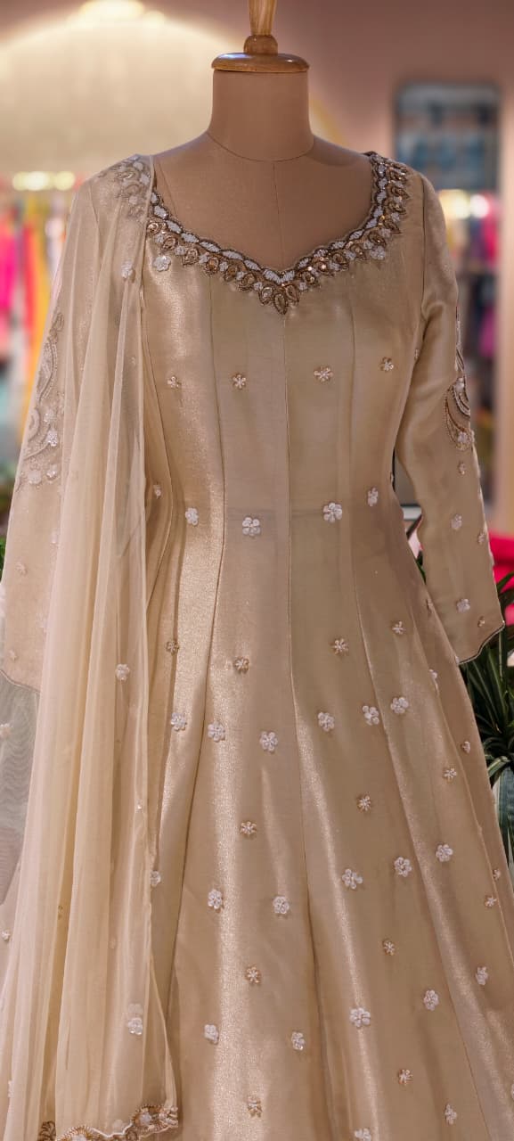 Beige Embroidered Kurta Subtle Shimmer Tissue Top Flare Skirt  & Dupatta RB78