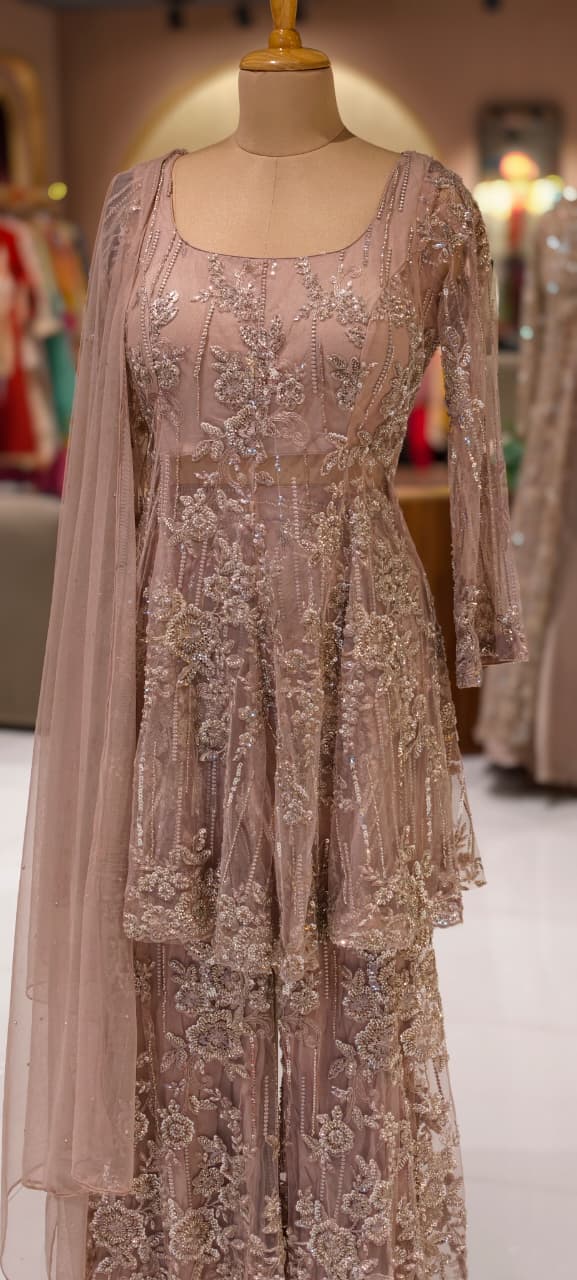Luxury Nude Mauve Embroidered Sharara Set with Intricate Sequin Work & Dupatta 14091 RB71