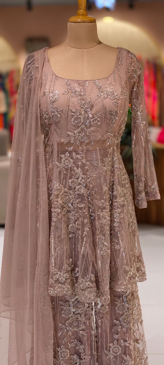 Luxury Nude Mauve Embroidered Sharara Set with Intricate Sequin Work & Dupatta 14091 RB71