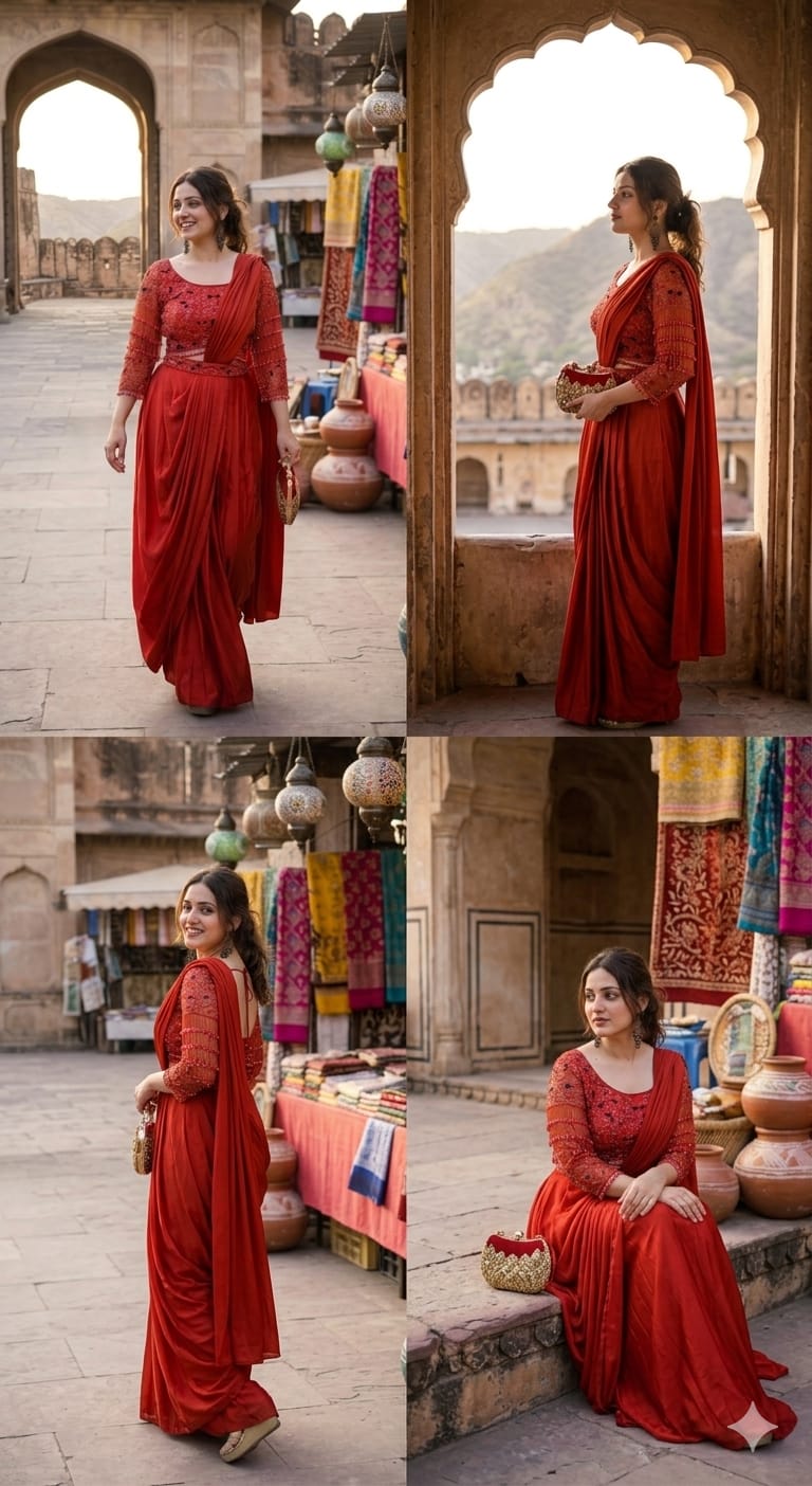 Rust Crystal-Embellished Crepe Dhoti Saree Set A designer ensemble featuring a heavily adorned crystal work blouse paired with a trendy drape dhoti-style saree RB89