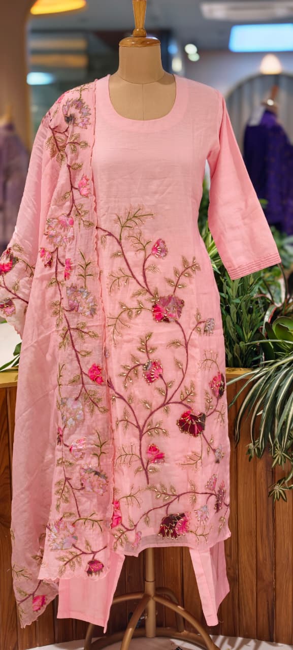 Elegant Soft Mul Chanderi Straight Cut Suit Set with Intricate Floral Embroidery- 14029  RB107
