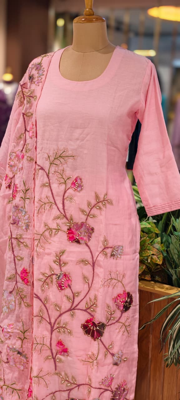Elegant Soft Mul Chanderi Straight Cut Suit Set with Intricate Floral Embroidery- 14029  RB107