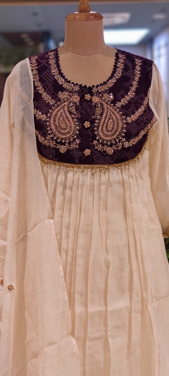 Premium Zardosi Mul Chanderi A-Line Full Suit Set with Heavy Hand-Embroidered Zari & Thread Work Yoke 14026 RB106