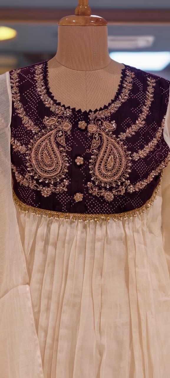 Premium Zardosi Mul Chanderi A-Line Full Suit Set with Heavy Hand-Embroidered Zari & Thread Work Yoke 14026 RB106