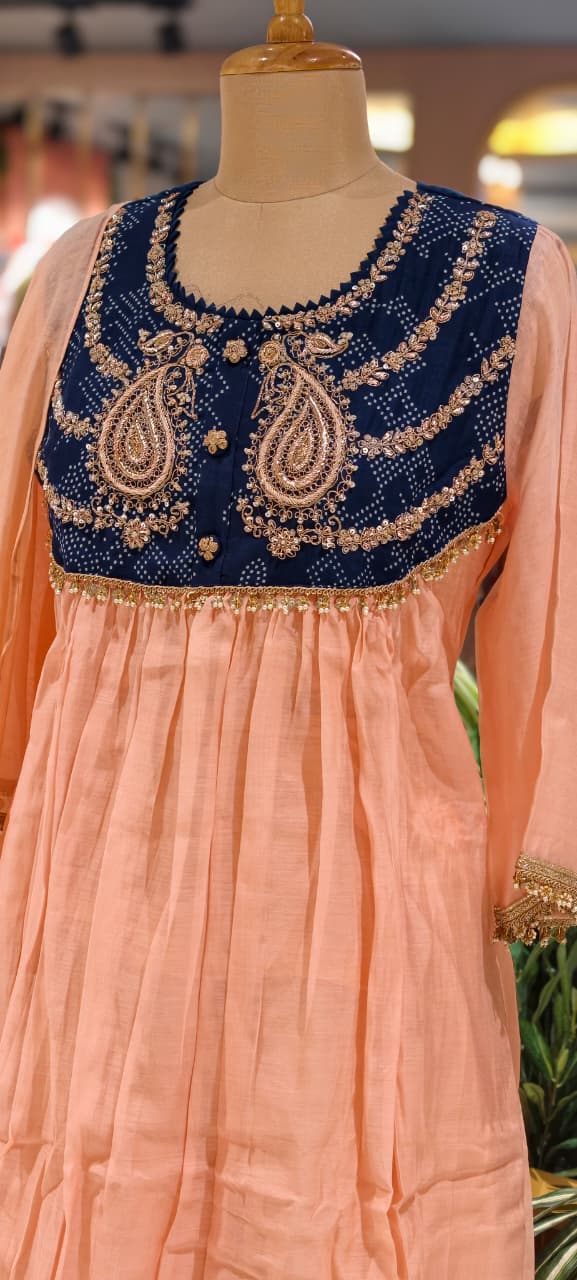 Premium Zardosi Mul Chanderi A-Line Full Suit Set with Heavy Hand-Embroidered Zari & Thread Work Yoke 14026 RB106