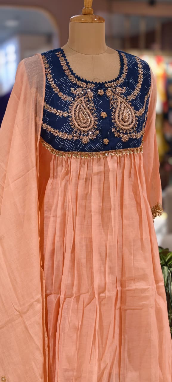 Premium Zardosi Mul Chanderi A-Line Full Suit Set with Heavy Hand-Embroidered Zari & Thread Work Yoke 14026 RB106