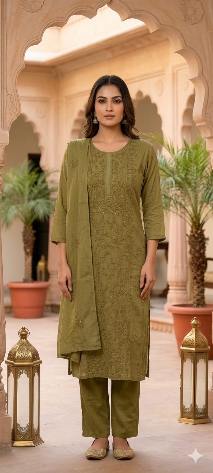 Premium Crush Mul Chanderi Fabric Straight Cut Full Suit Set with Intricate Self Thread Embroidery 14084 RB96