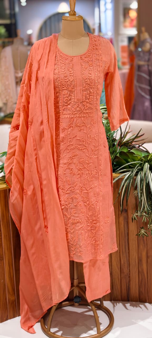 Premium Crush Mul Chanderi Fabric Straight Cut Full Suit Set with Intricate Self Thread Embroidery 14084 RB96