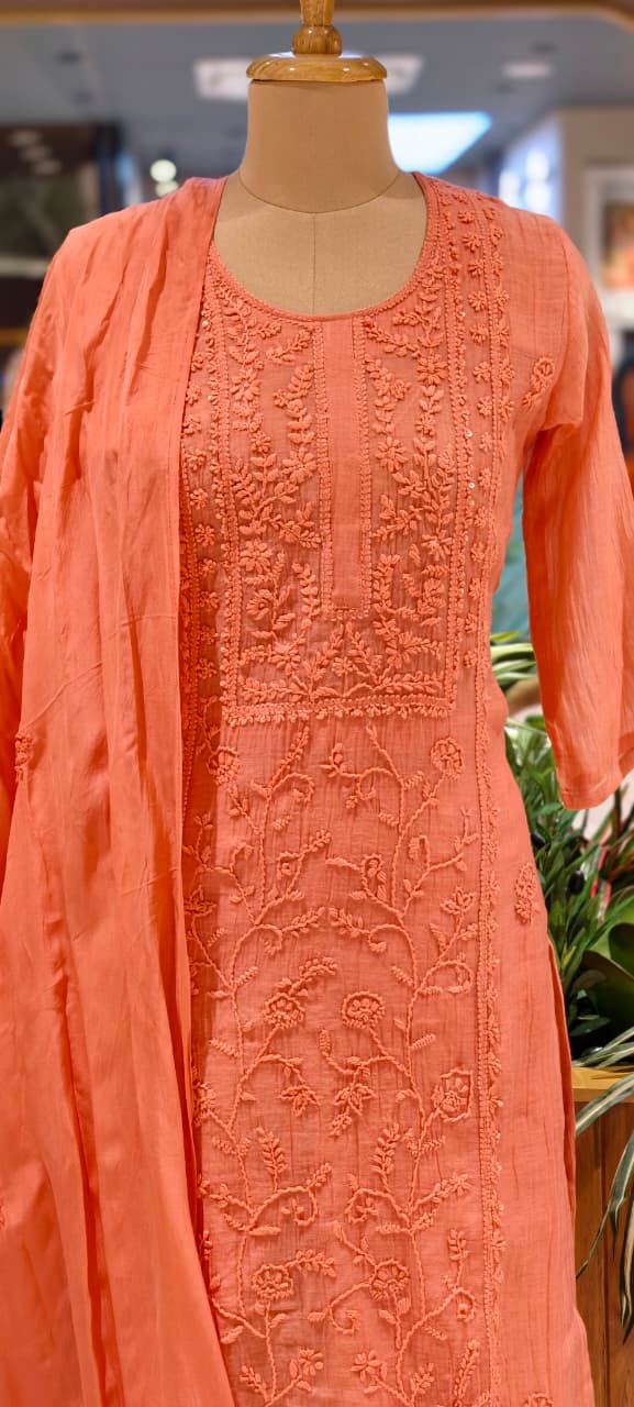 Premium Crush Mul Chanderi Fabric Straight Cut Full Suit Set with Intricate Self Thread Embroidery 14084 RB96