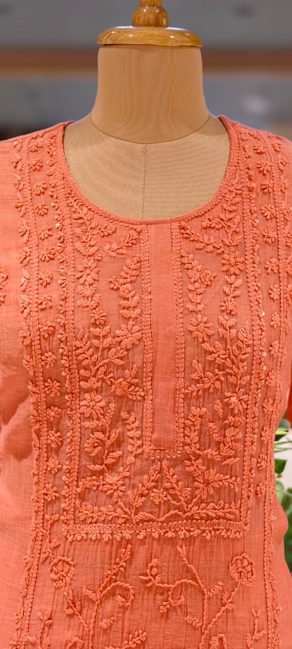 Premium Crush Mul Chanderi Fabric Straight Cut Full Suit Set with Intricate Self Thread Embroidery 14084 RB96
