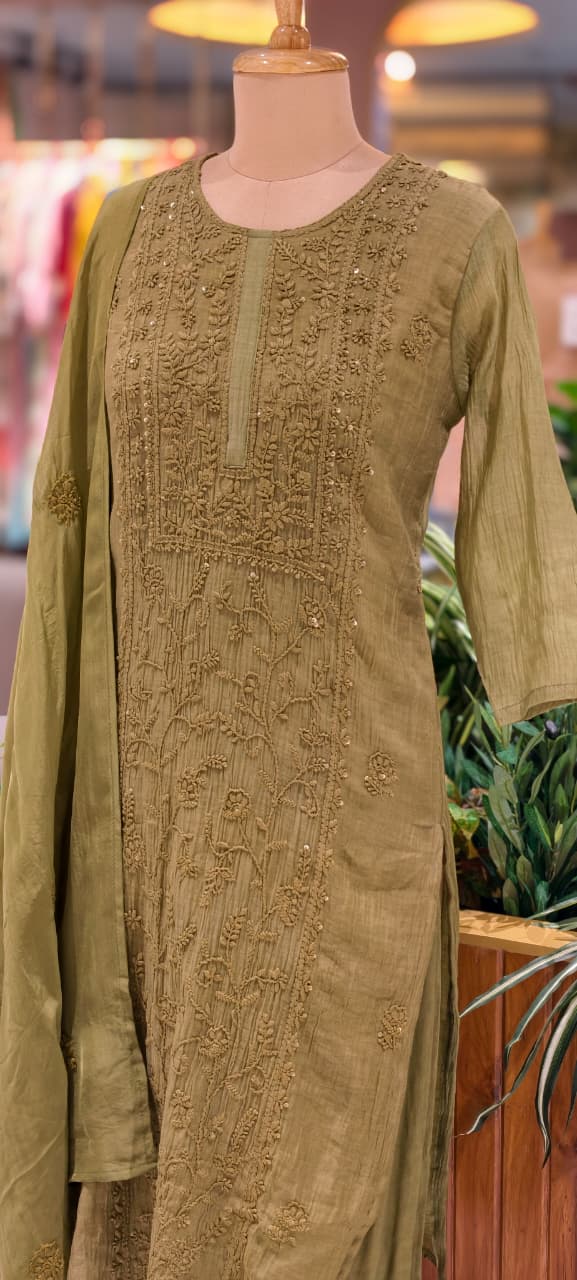 Premium Crush Mul Chanderi Fabric Straight Cut Full Suit Set with Intricate Self Thread Embroidery 14084 RB96