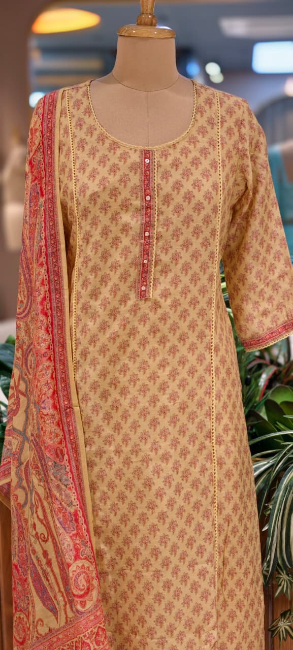 Premium Linen Cotton Straight Cut Full Set with All-Over Ethnic Print, Minimal Lace Panel Detailing 14070 RB97