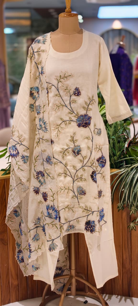 Elegant Soft Mul Chanderi Straight Cut Suit Set with Intricate Floral Embroidery- 14029  RB107