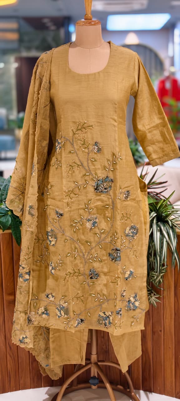 Elegant Soft Mul Chanderi Straight Cut Suit Set with Intricate Floral Embroidery- 14029  RB107