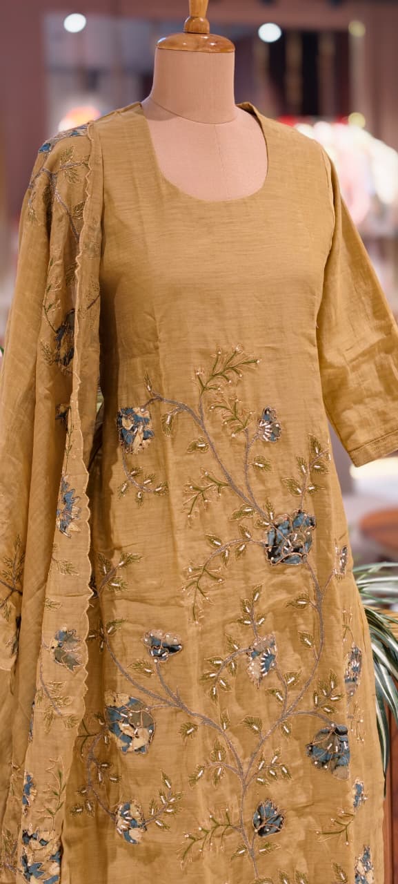 Elegant Soft Mul Chanderi Straight Cut Suit Set with Intricate Floral Embroidery- 14029  RB107
