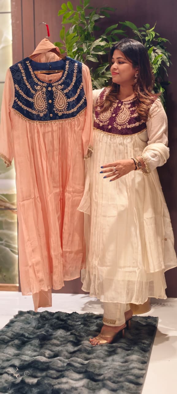 Premium Zardosi Mul Chanderi A-Line Full Suit Set with Heavy Hand-Embroidered Zari & Thread Work Yoke 14026 RB106