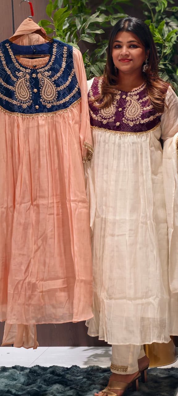 Premium Zardosi Mul Chanderi A-Line Full Suit Set with Heavy Hand-Embroidered Zari & Thread Work Yoke 14026 RB106
