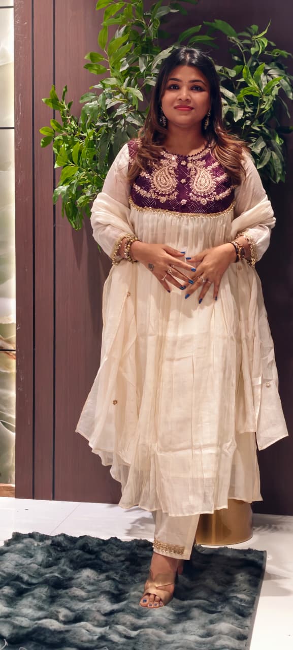 Premium Zardosi Mul Chanderi A-Line Full Suit Set with Heavy Hand-Embroidered Zari & Thread Work Yoke 14026 RB106