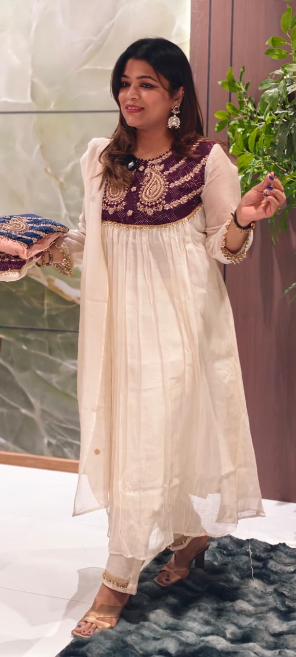 Premium Zardosi Mul Chanderi A-Line Full Suit Set with Heavy Hand-Embroidered Zari & Thread Work Yoke 14026 RB106