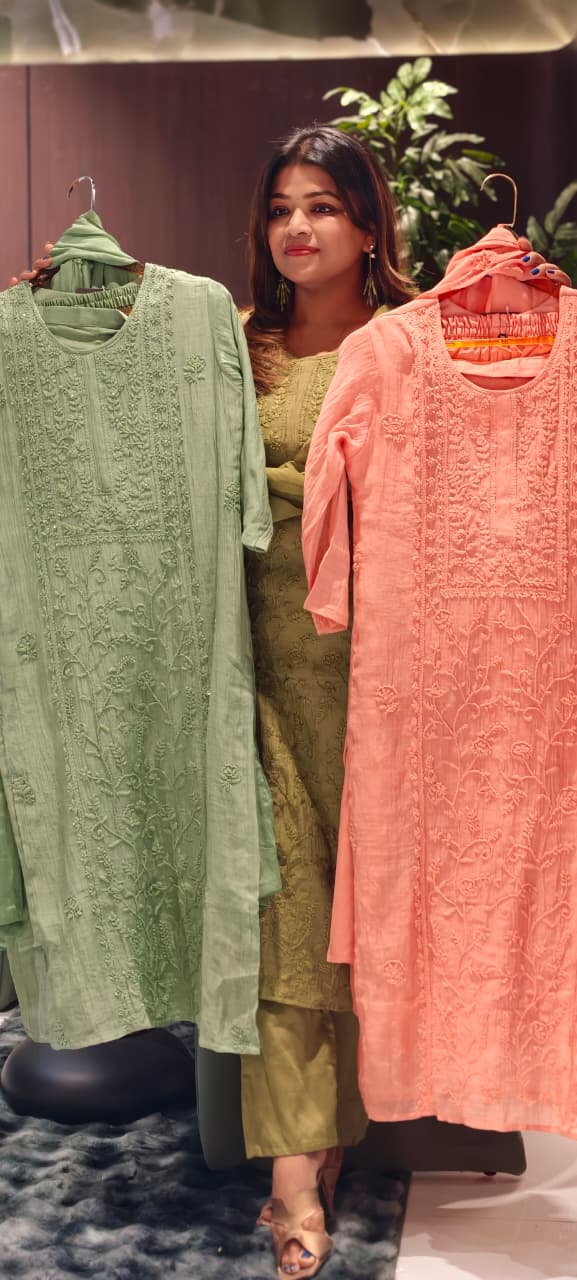 Premium Crush Mul Chanderi Fabric Straight Cut Full Suit Set with Intricate Self Thread Embroidery 14084 RB96