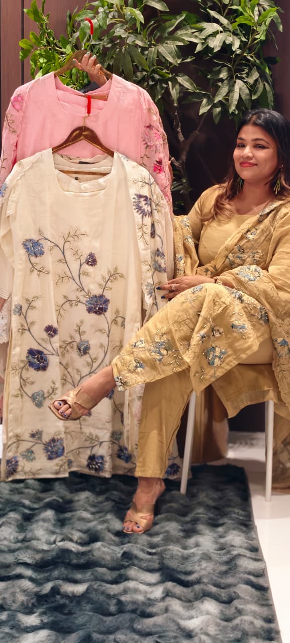 Elegant Soft Mul Chanderi Straight Cut Suit Set with Intricate Floral Embroidery- 14029  RB107