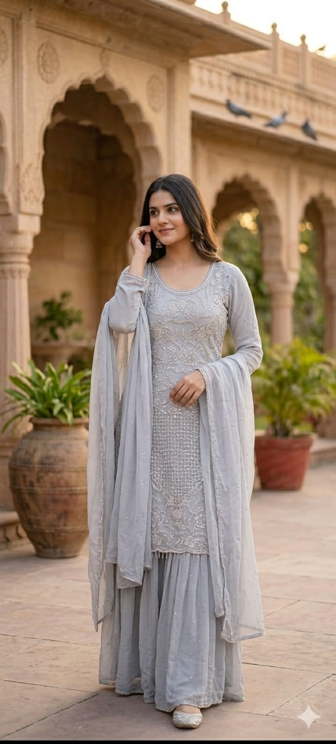 Cut Dana Floral Blossom Elegant Handwork Heavy Full Suit Set With Scalloped Dupatta In Chinon Fabric- 13631