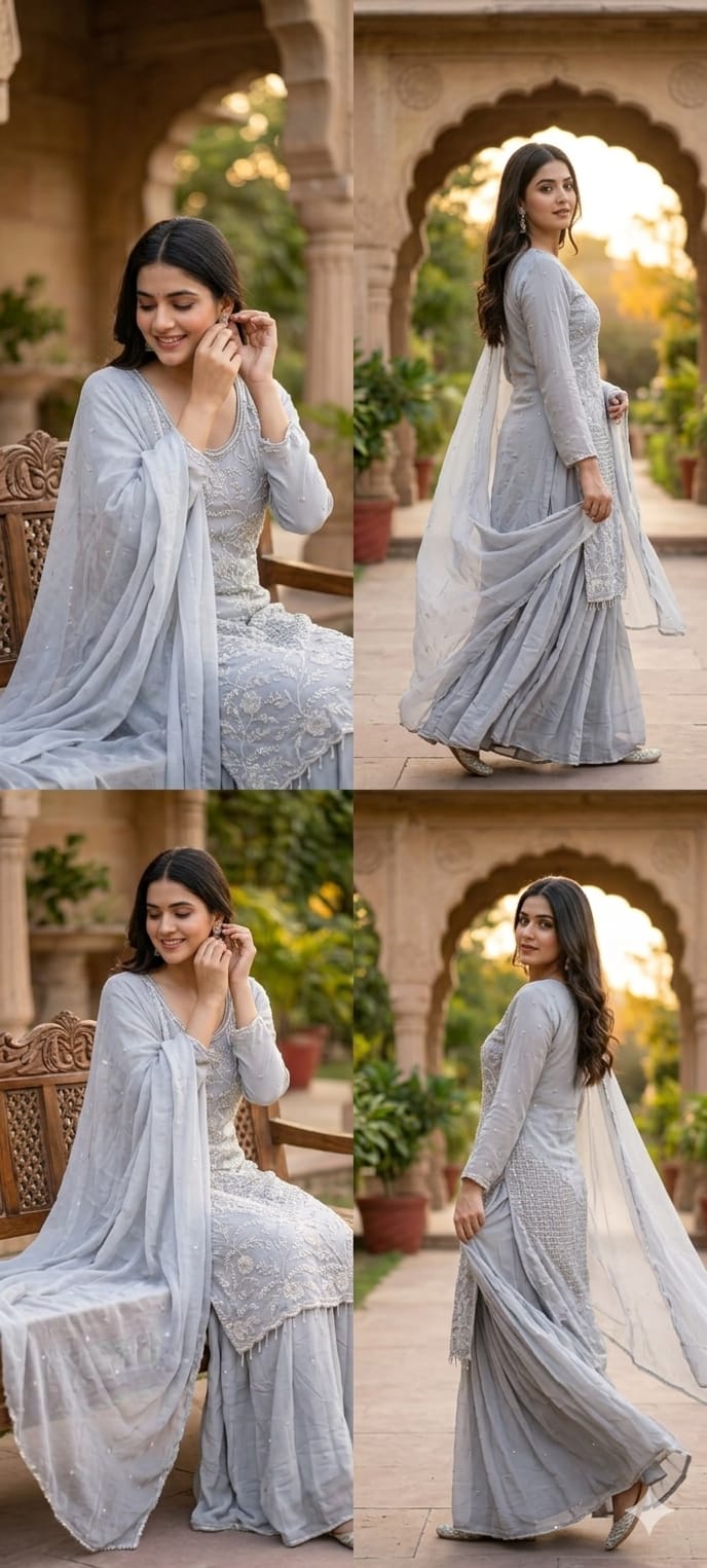 Cut Dana Floral Blossom Elegant Handwork Heavy Full Suit Set With Scalloped Dupatta In Chinon Fabric- 13631