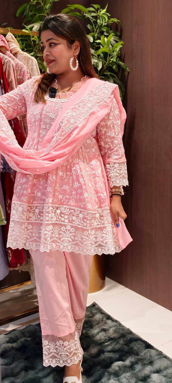 Soft Pastel Embroidered Ensemble Elegant Chikankari Style Peplum Short Kurta Full Suit Set -14023 RB30
