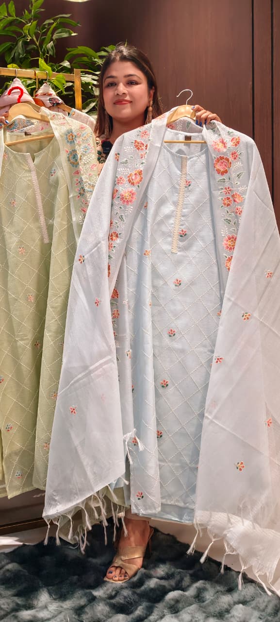 Intricate Floral Fine Embroidery Zig-Zag Thread Work Jute Cotton Full Suit Set With Dupatta-13574 RB140