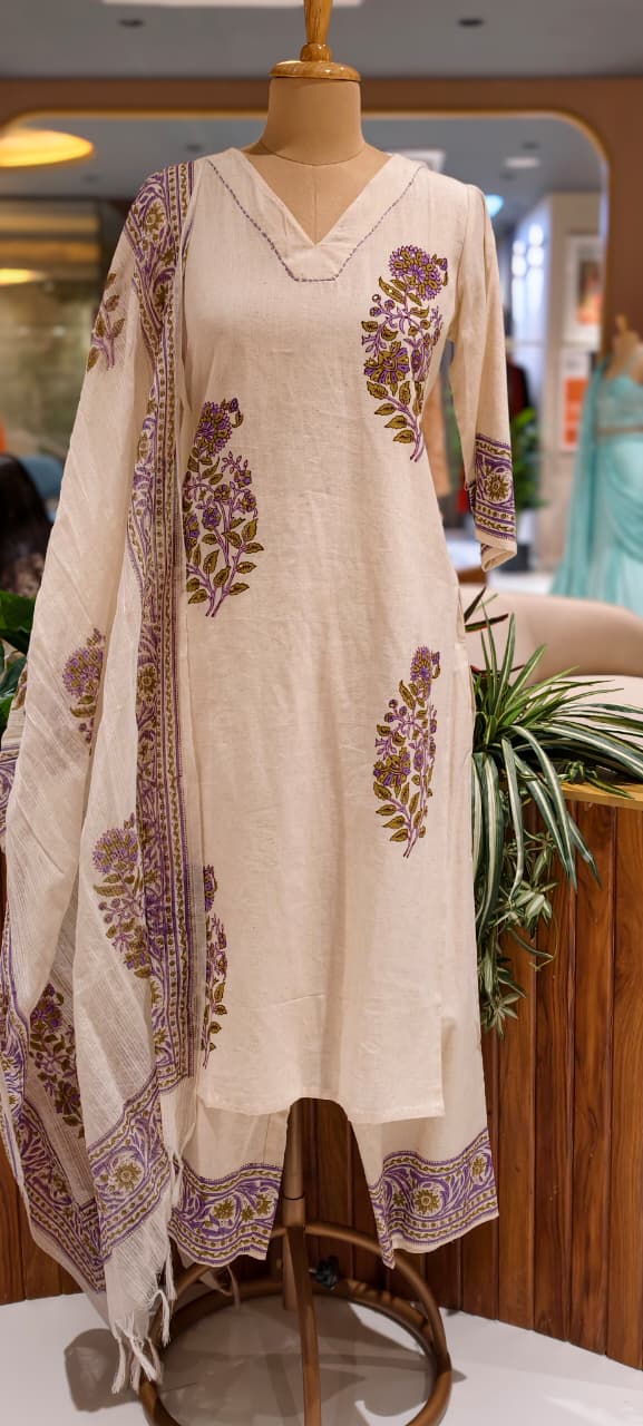 Minimal Floral Printed V-Neck Casual Wear Cotton Full Suit Set With Dupatta In Flex Cotton Fabric- 13988 RB123