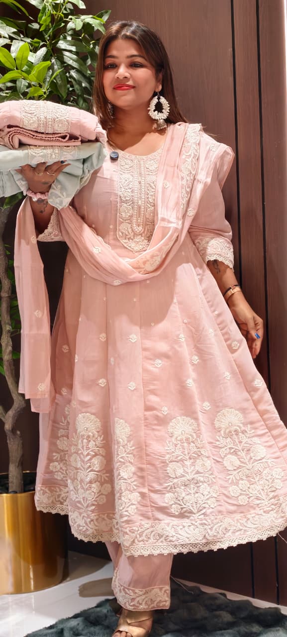 Soft Premium Intricate Floral Embroidery Panel Anarkali Pastel Shaded Full Suit Set With Dupatta- 14116 RB125