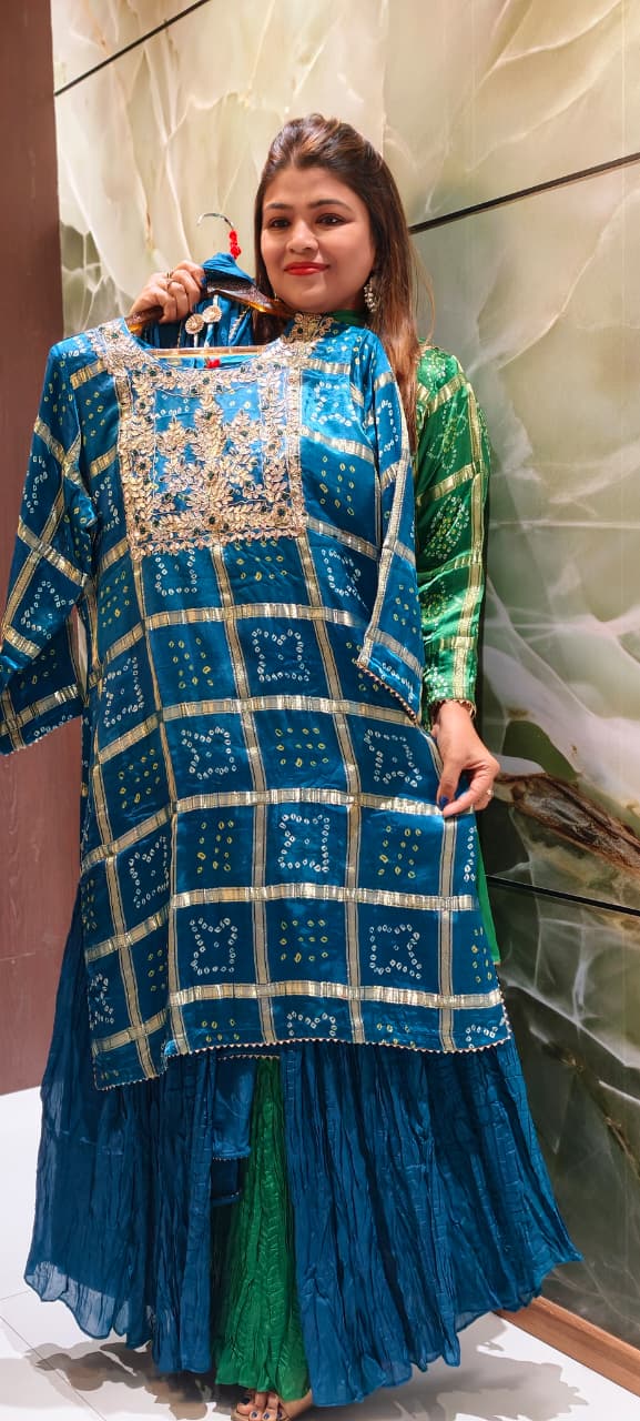 Ghatchola Festive Inspired Gotta Wok Bandhej Full Suit Set With Sharara Bottom & Dupatta In Gajji Silk Fabric- 13918 RB118