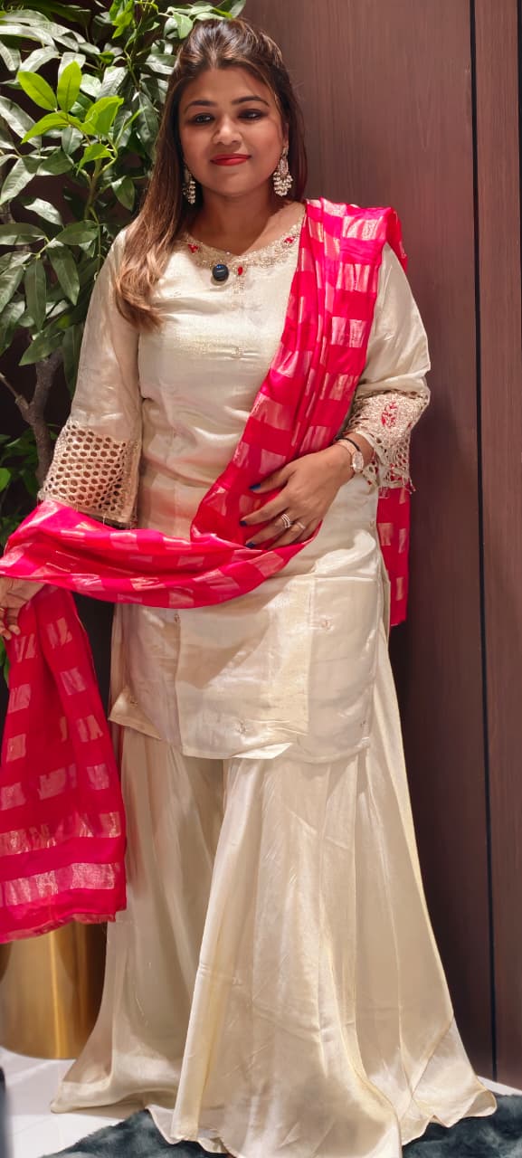Premium Tissue Designer Sleeve & Neck Work Solid Full Suit Set With Palazzo Bottom & Striped Vibrant Dupatta-14082 RB121