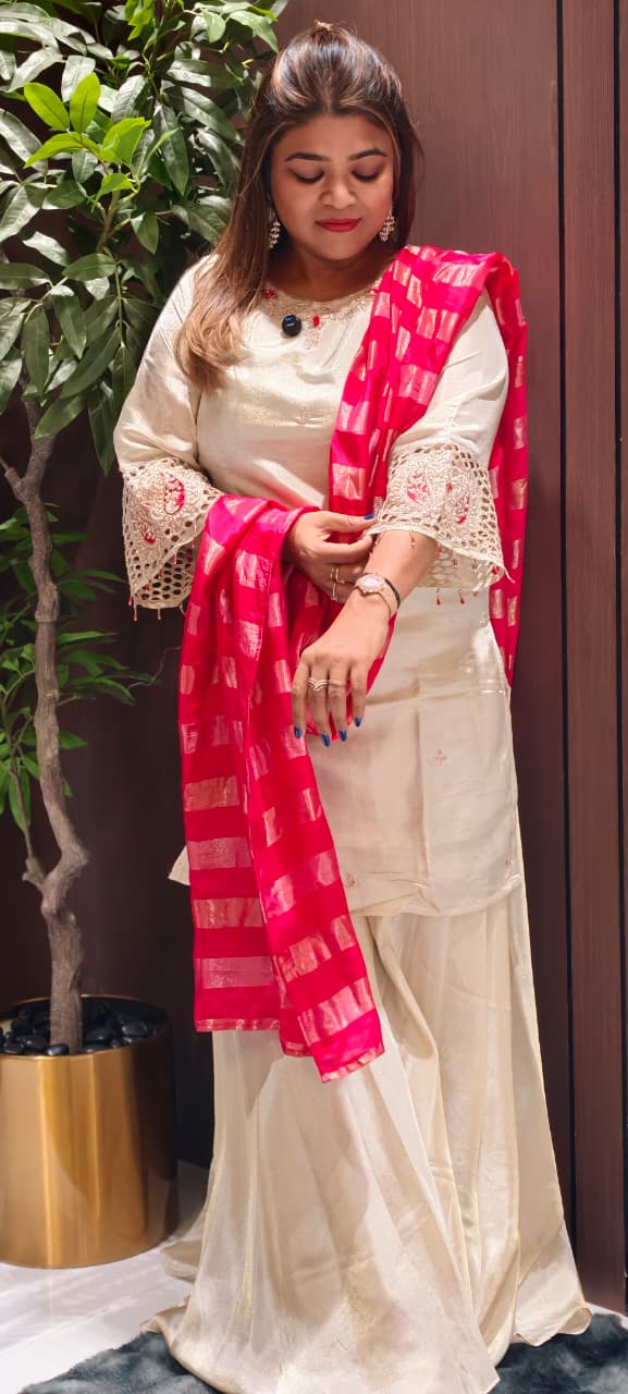 Premium Tissue Designer Sleeve & Neck Work Solid Full Suit Set With Palazzo Bottom & Striped Vibrant Dupatta-14082 RB121