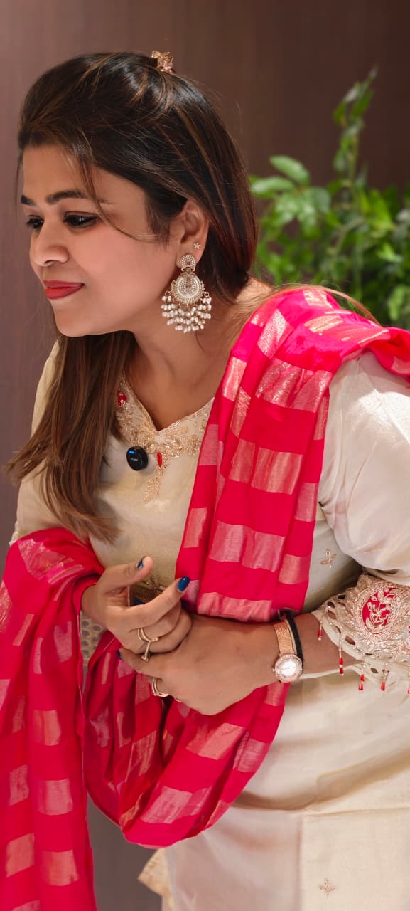 Premium Tissue Designer Sleeve & Neck Work Solid Full Suit Set With Palazzo Bottom & Striped Vibrant Dupatta-14082 RB121