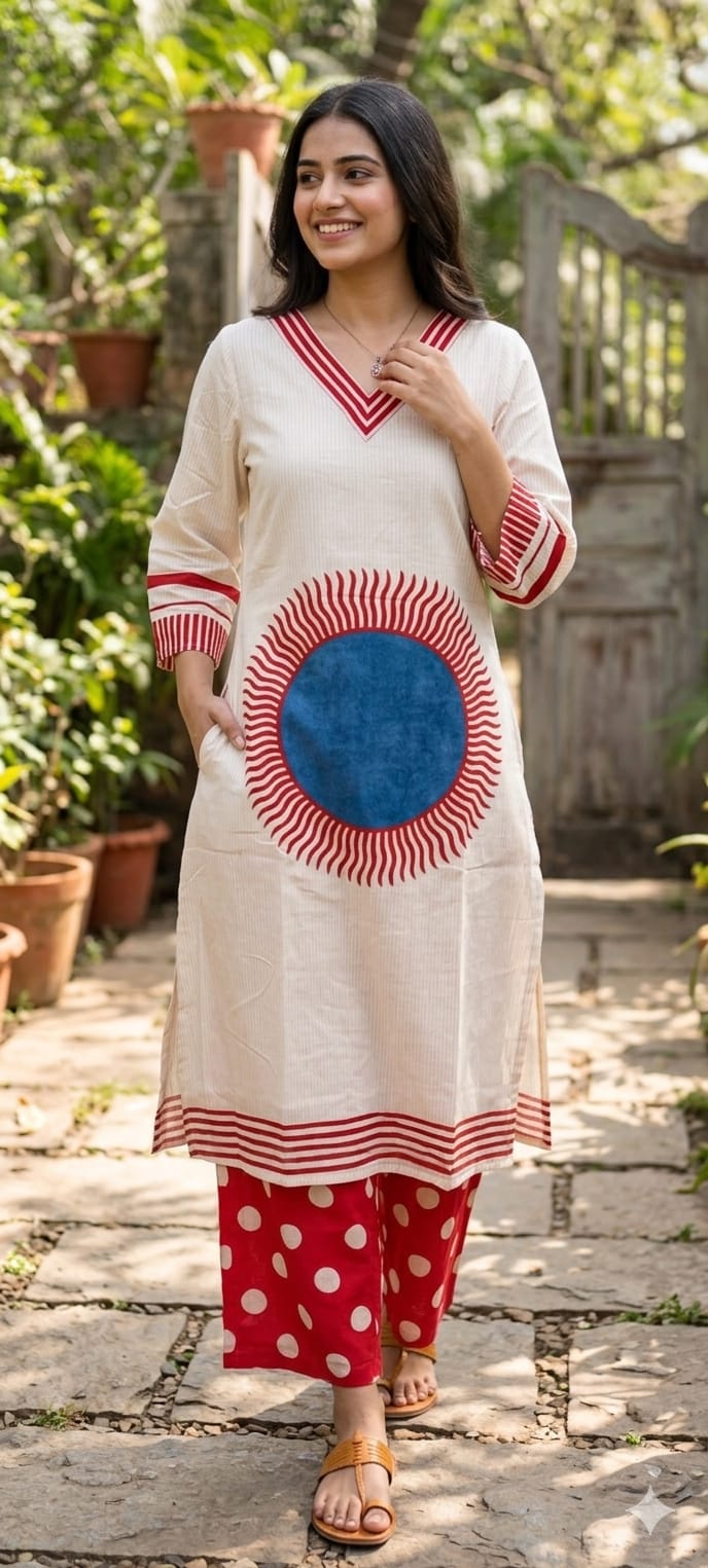 Sun Inspired Printed Kurta With Polka Dotted Pant In Premium Mul Cotton Fabric- 14139 RB145