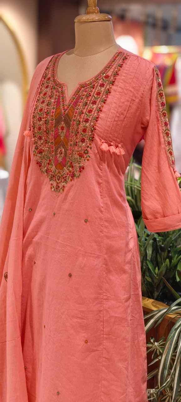 Boho Chic Intricate Multicolor Thread Embroidery A-Line Full Suit Set With Dupatta In Silli Cotton Fabric- 14151  RB153