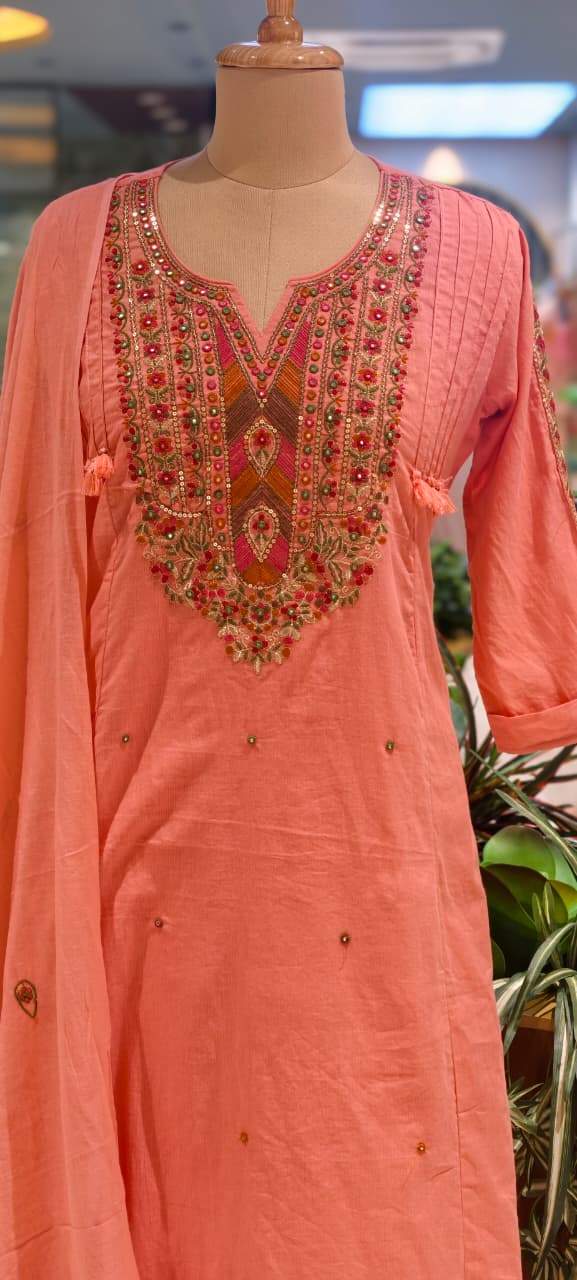 Boho Chic Intricate Multicolor Thread Embroidery A-Line Full Suit Set With Dupatta In Silli Cotton Fabric- 14151  RB153