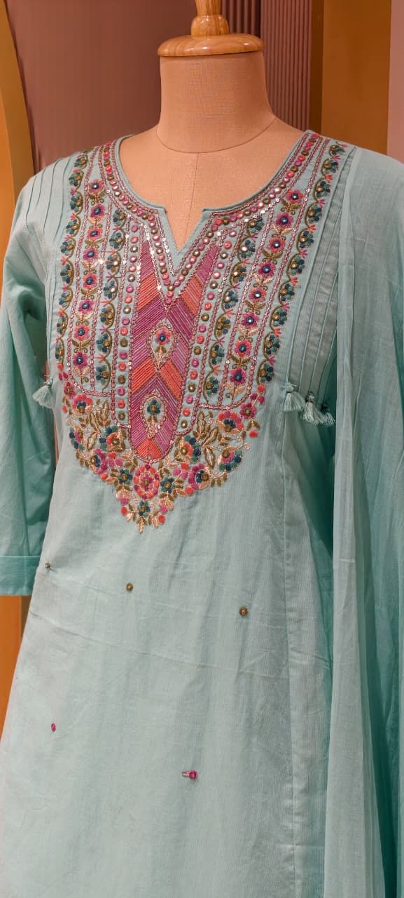 Boho Chic Intricate Multicolor Thread Embroidery A-Line Full Suit Set With Dupatta In Silli Cotton Fabric- 14151  RB153