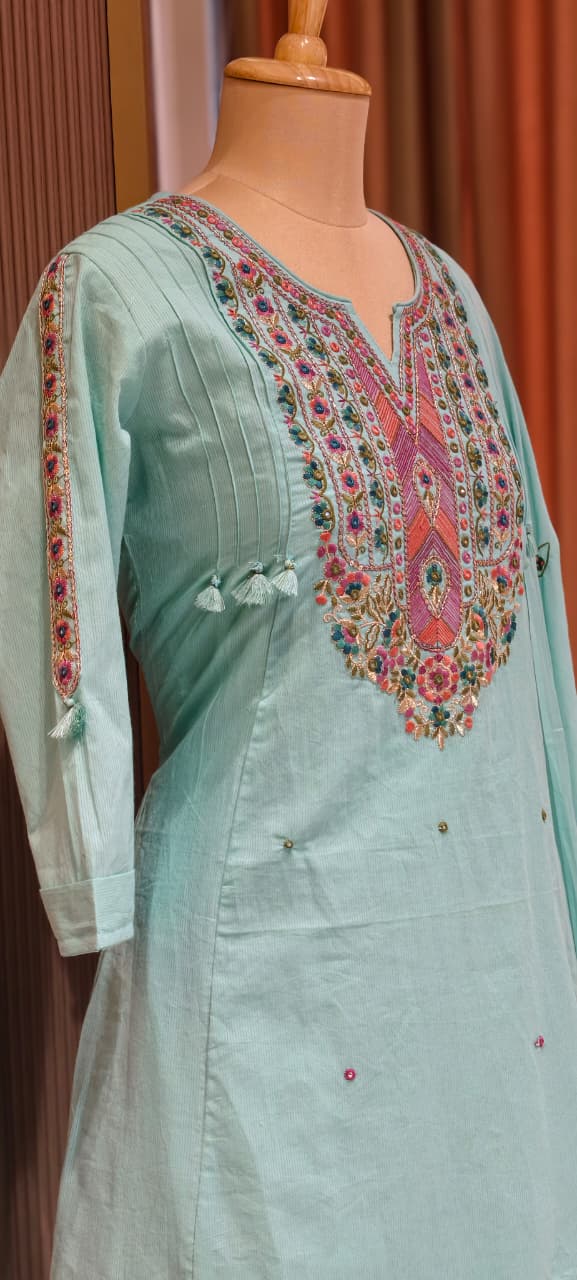Boho Chic Intricate Multicolor Thread Embroidery A-Line Full Suit Set With Dupatta In Silli Cotton Fabric- 14151  RB153