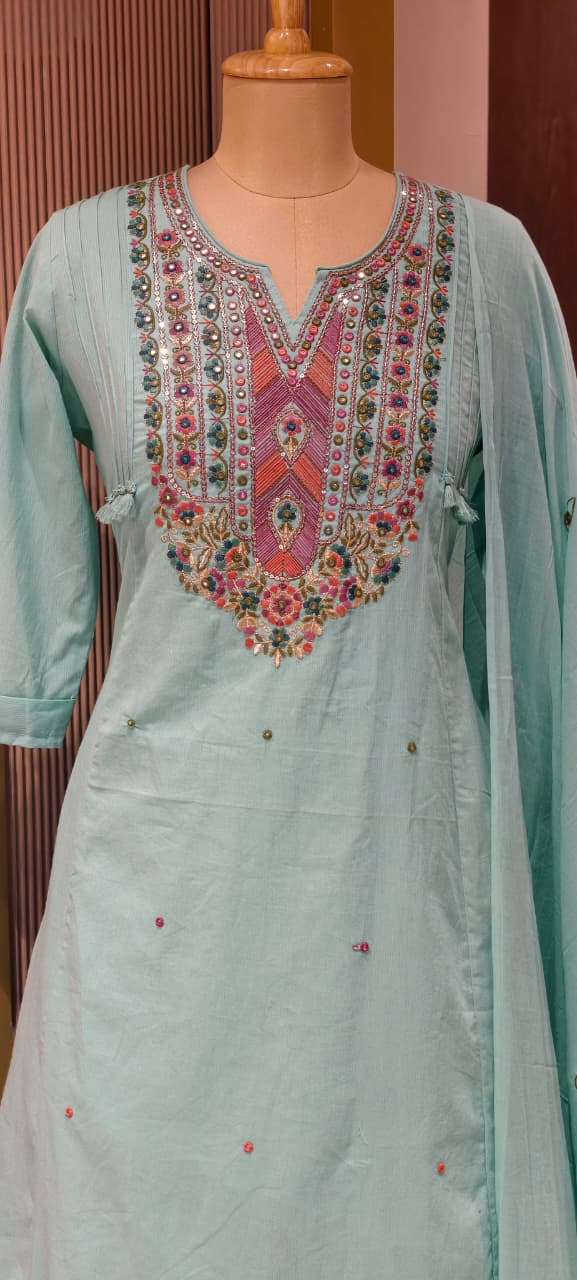 Boho Chic Intricate Multicolor Thread Embroidery A-Line Full Suit Set With Dupatta In Silli Cotton Fabric- 14151  RB153