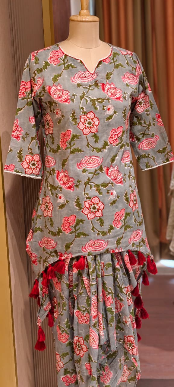 Tiny Pearl Neck Line Floral Printed Thread Tasseled Kurta With Unique Skirt Bottom In Cotton Fabric- 14176   RB152