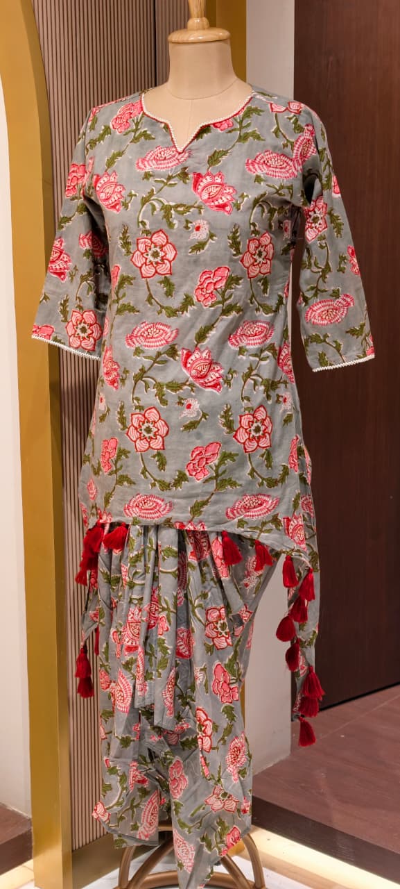 Tiny Pearl Neck Line Floral Printed Thread Tasseled Kurta With Unique Skirt Bottom In Cotton Fabric- 14176   RB152