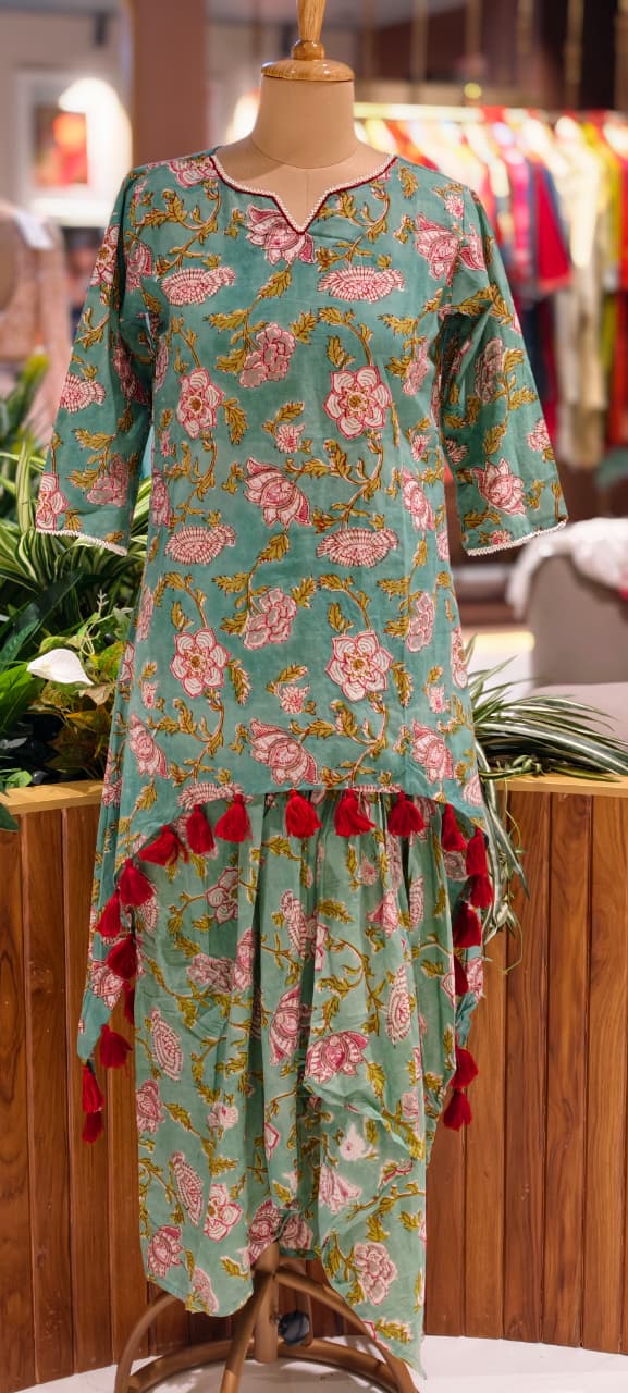 Tiny Pearl Neck Line Floral Printed Thread Tasseled Kurta With Unique Skirt Bottom In Cotton Fabric- 14176   RB152