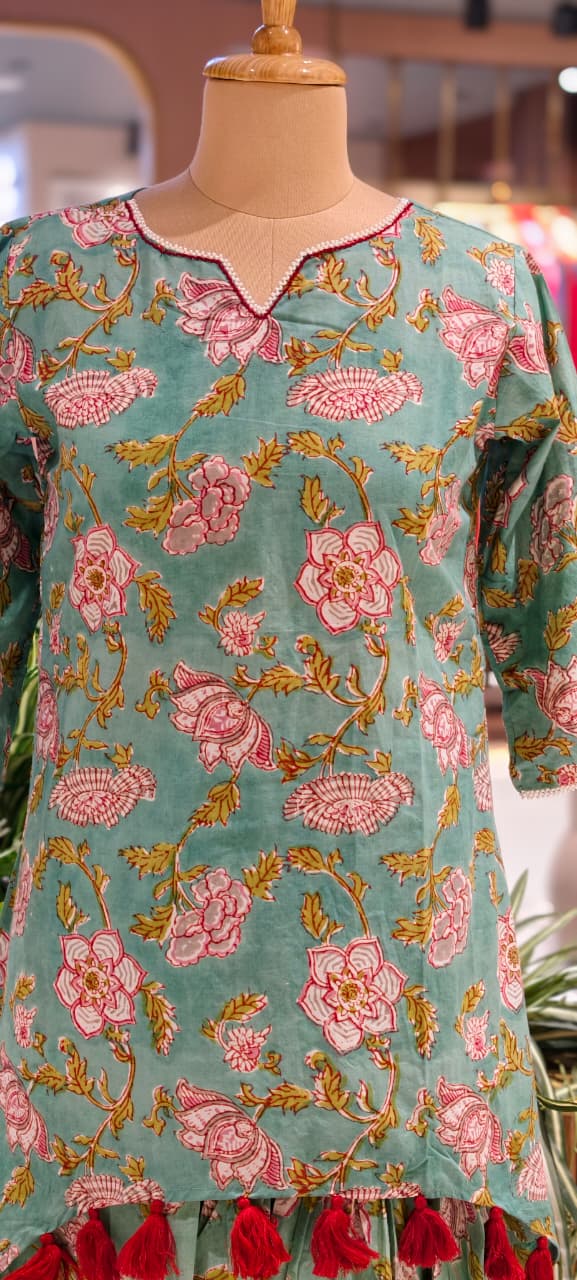 Tiny Pearl Neck Line Floral Printed Thread Tasseled Kurta With Unique Skirt Bottom In Cotton Fabric- 14176   RB152