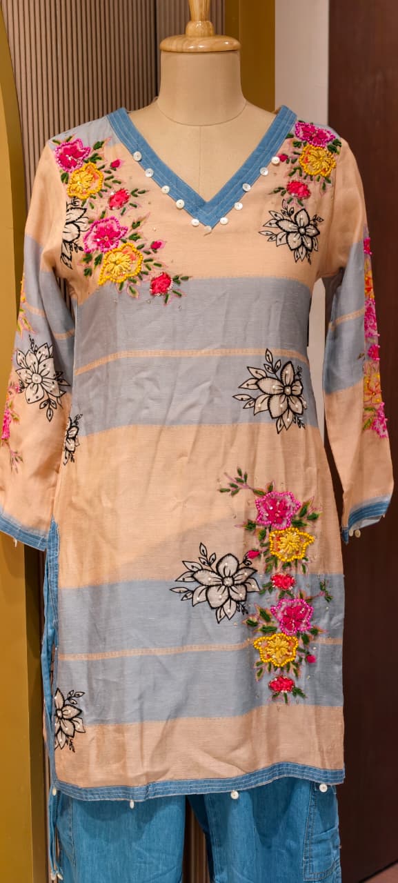 Candy Stripe Floral Bloom Embroidered Linen Co-Ord Set With Denim Pant- 14130   RB151