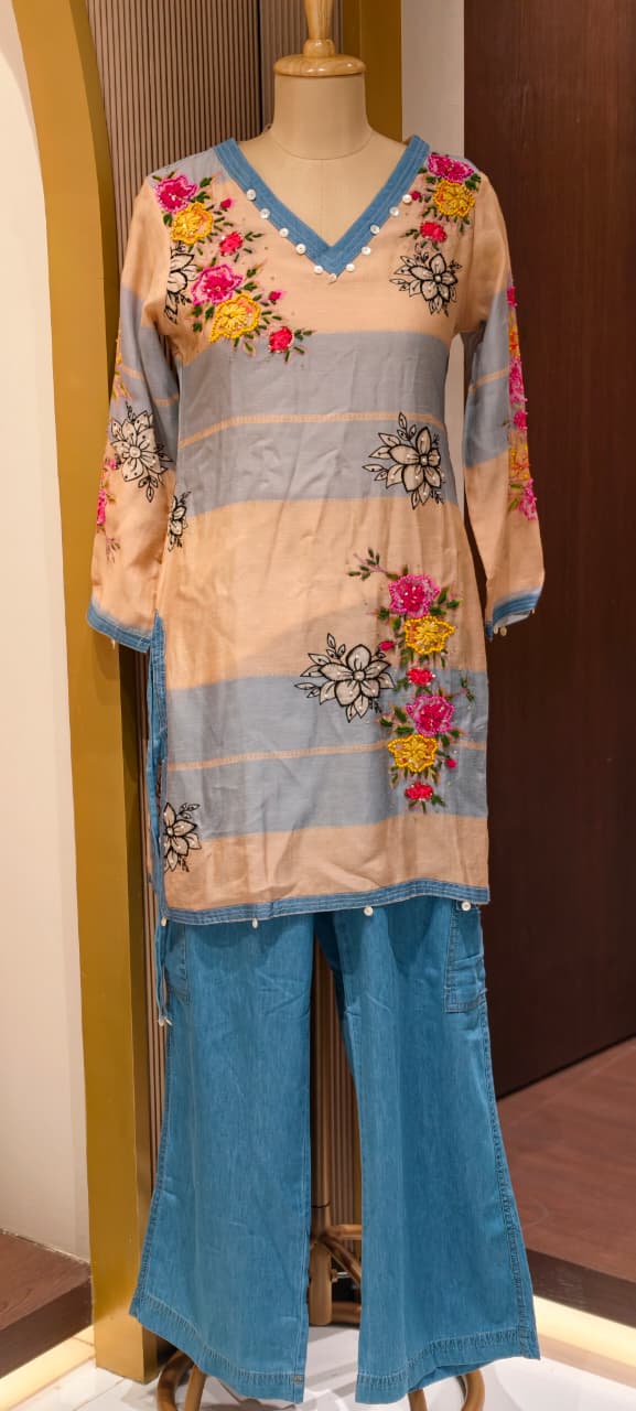 Candy Stripe Floral Bloom Embroidered Linen Co-Ord Set With Denim Pant- 14130   RB151