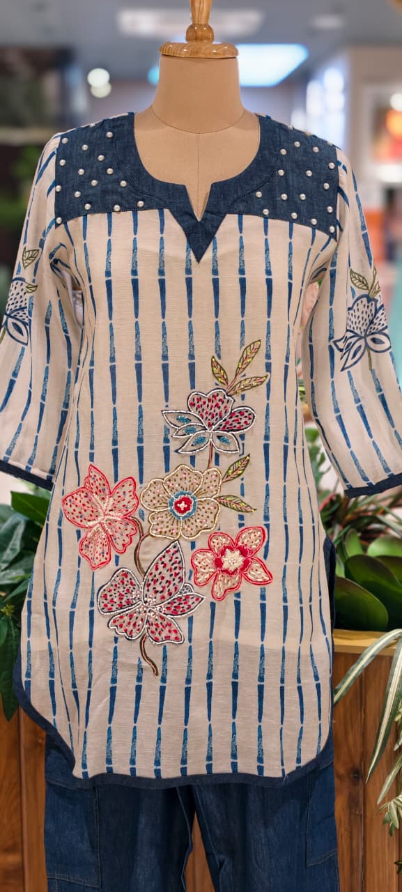 Iris Stripe Gul-Bahar Embroidered Peral Touch Co-Ord Set With Denim Look Bottom- 14131   RB156