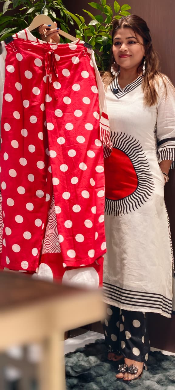 Sun Inspired Printed Kurta With Polka Dotted Pant In Premium Mul Cotton Fabric- 14139 RB145