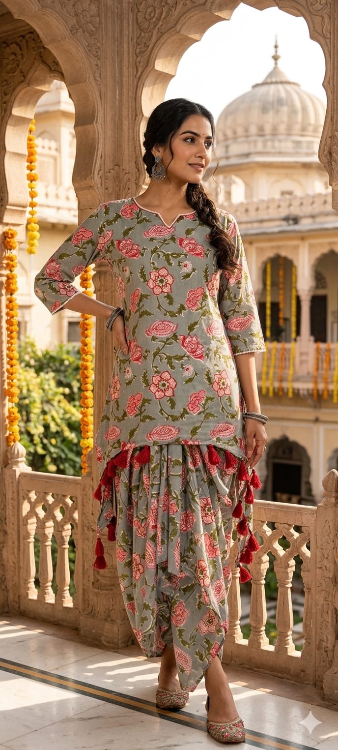 Tiny Pearl Neck Line Floral Printed Thread Tasseled Kurta With Unique Skirt Bottom In Cotton Fabric- 14176   RB152
